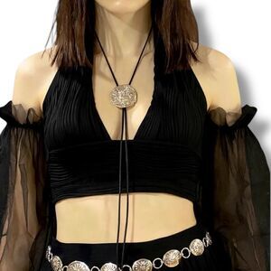 Silver Floral Bolo Tie Black Rope Vintage-Style Necktie NEW